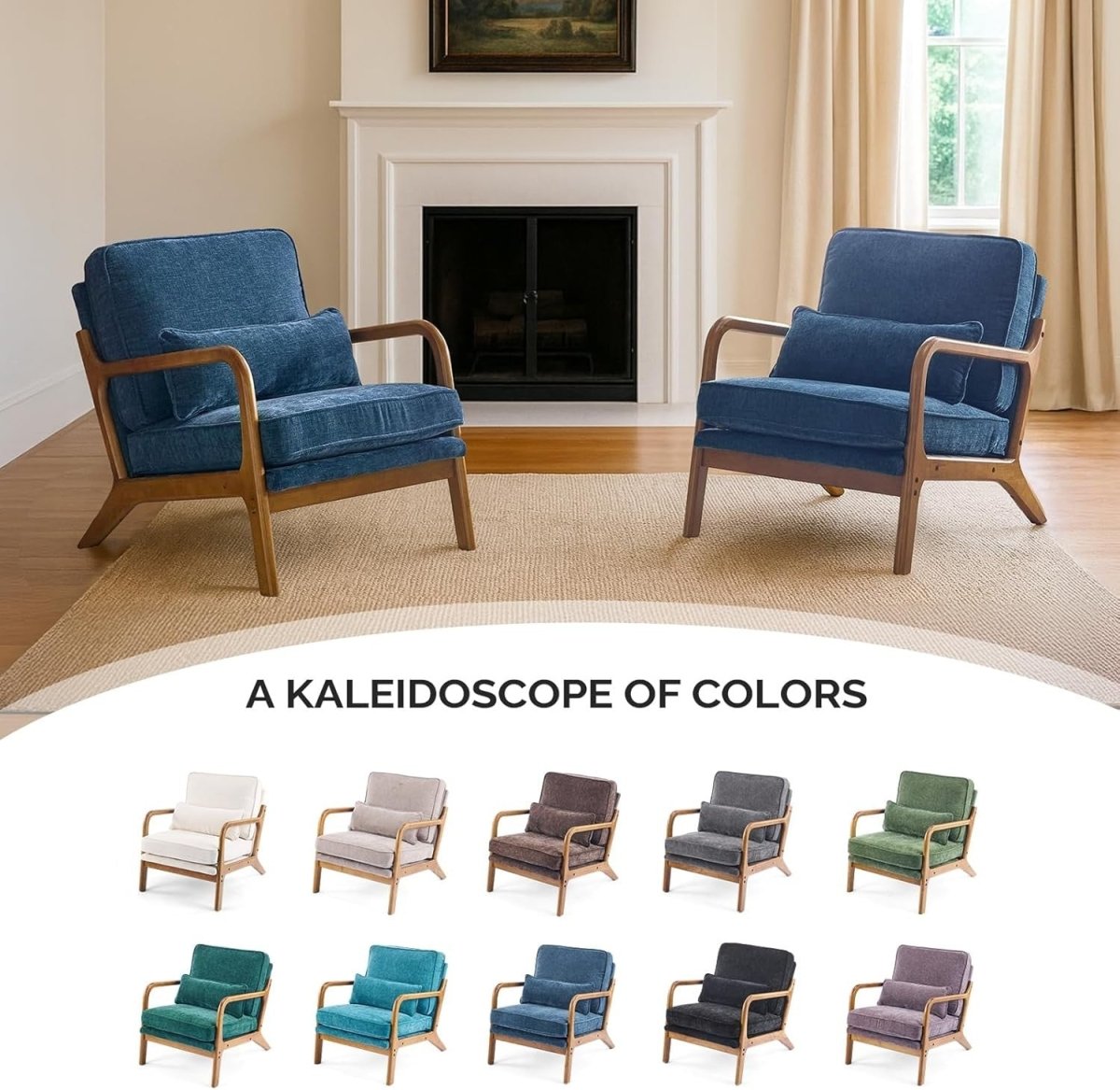 Blue Chenille Accent Armchair Solid Wood Lounge Chair w Cushion - Kwikley