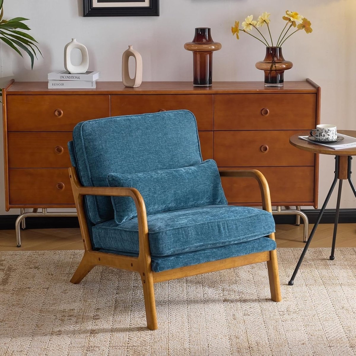 Blue Chenille Accent Armchair Solid Wood Lounge Chair w Cushion - Kwikley