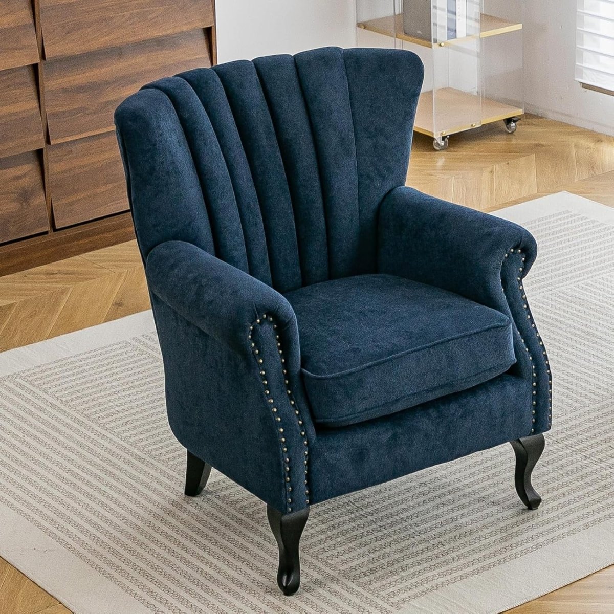 Blue Chenille Wingback Accent Chair Fireside Armchair Wood Legs - Kwikley