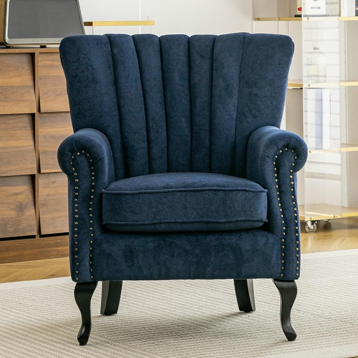 Blue Chenille Wingback Accent Chair Fireside Armchair Wood Legs - Kwikley