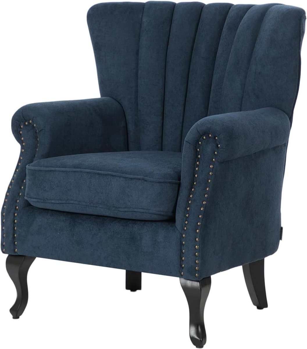 Blue Chenille Wingback Accent Chair Fireside Armchair Wood Legs - Kwikley