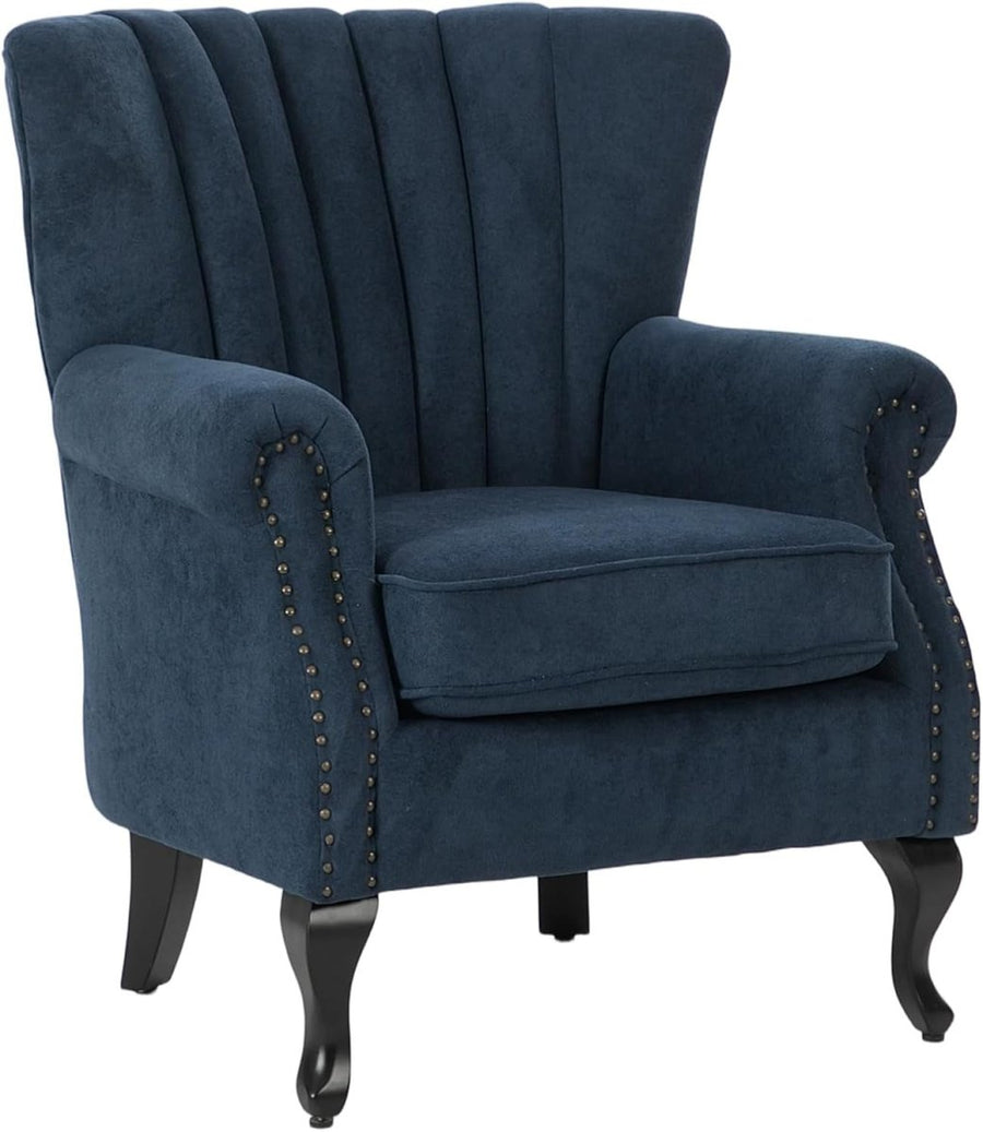 Blue Chenille Wingback Accent Chair Fireside Armchair Wood Legs - Kwikley