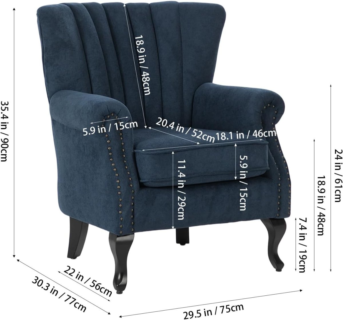 Blue Chenille Wingback Accent Chair Fireside Armchair Wood Legs - Kwikley