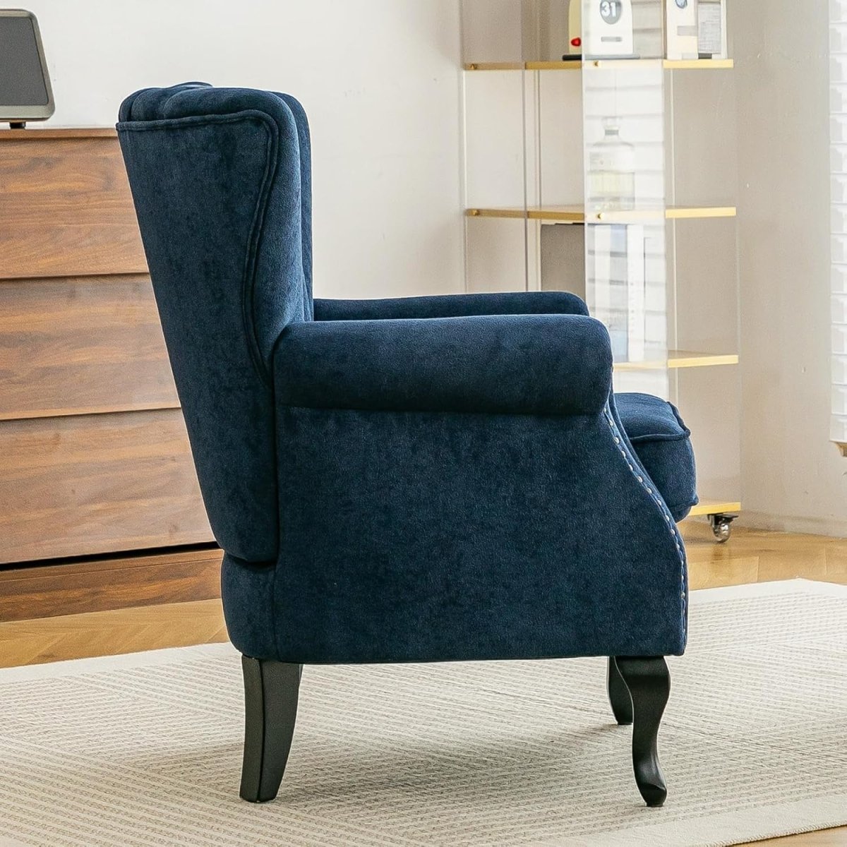Blue Chenille Wingback Accent Chair Fireside Armchair Wood Legs - Kwikley