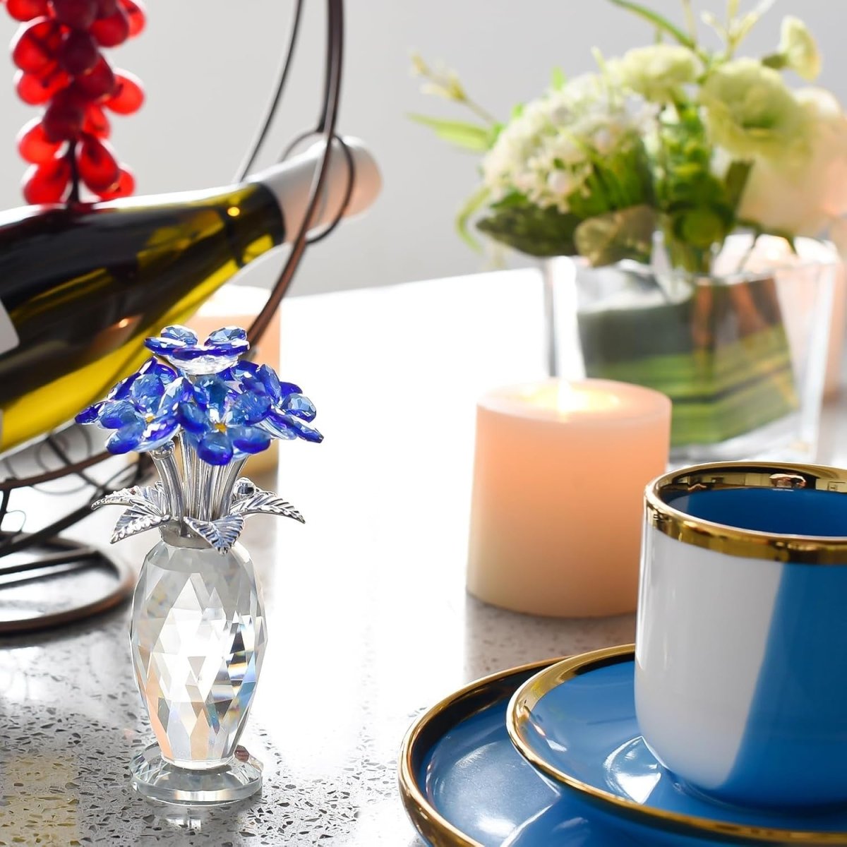 Blue Crystal Flower Vase Centrepiece – Faceted Glass Wedding Table Decor Gift - Kwikley