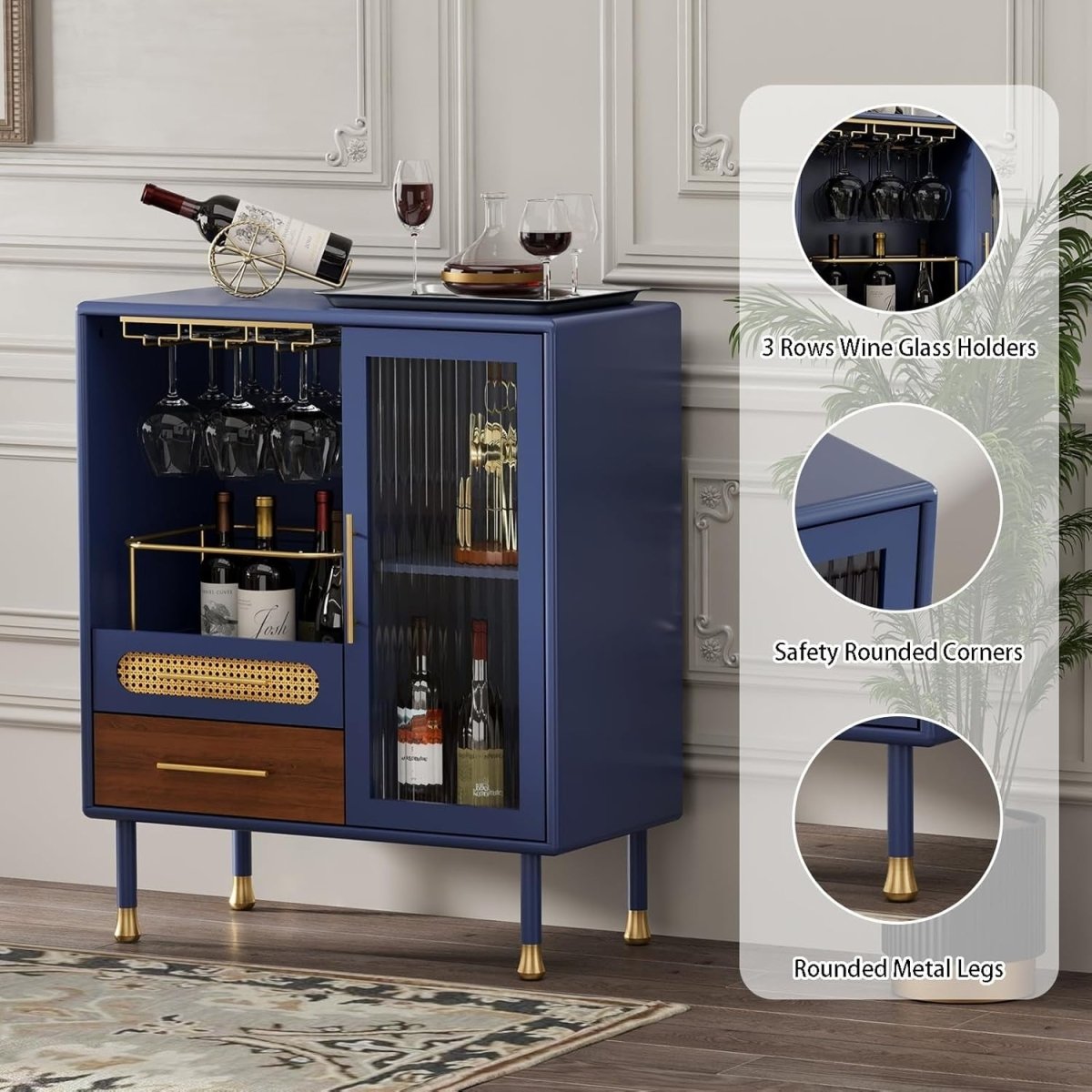 Blue Drinks Cabinet with Wine Glass Rack & Drawers – Modern Home Bar Sideboard - Kwikley