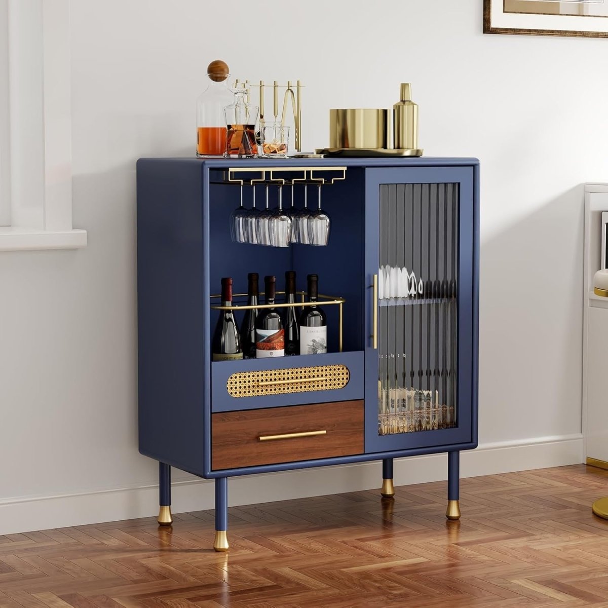 Blue Drinks Cabinet with Wine Glass Rack & Drawers – Modern Home Bar Sideboard - Kwikley
