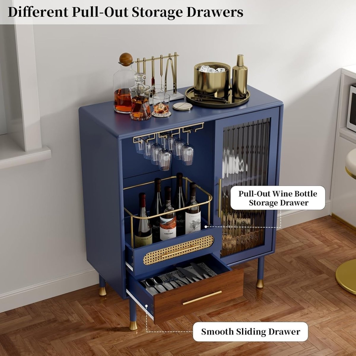 Blue Drinks Cabinet with Wine Glass Rack & Drawers – Modern Home Bar Sideboard - Kwikley
