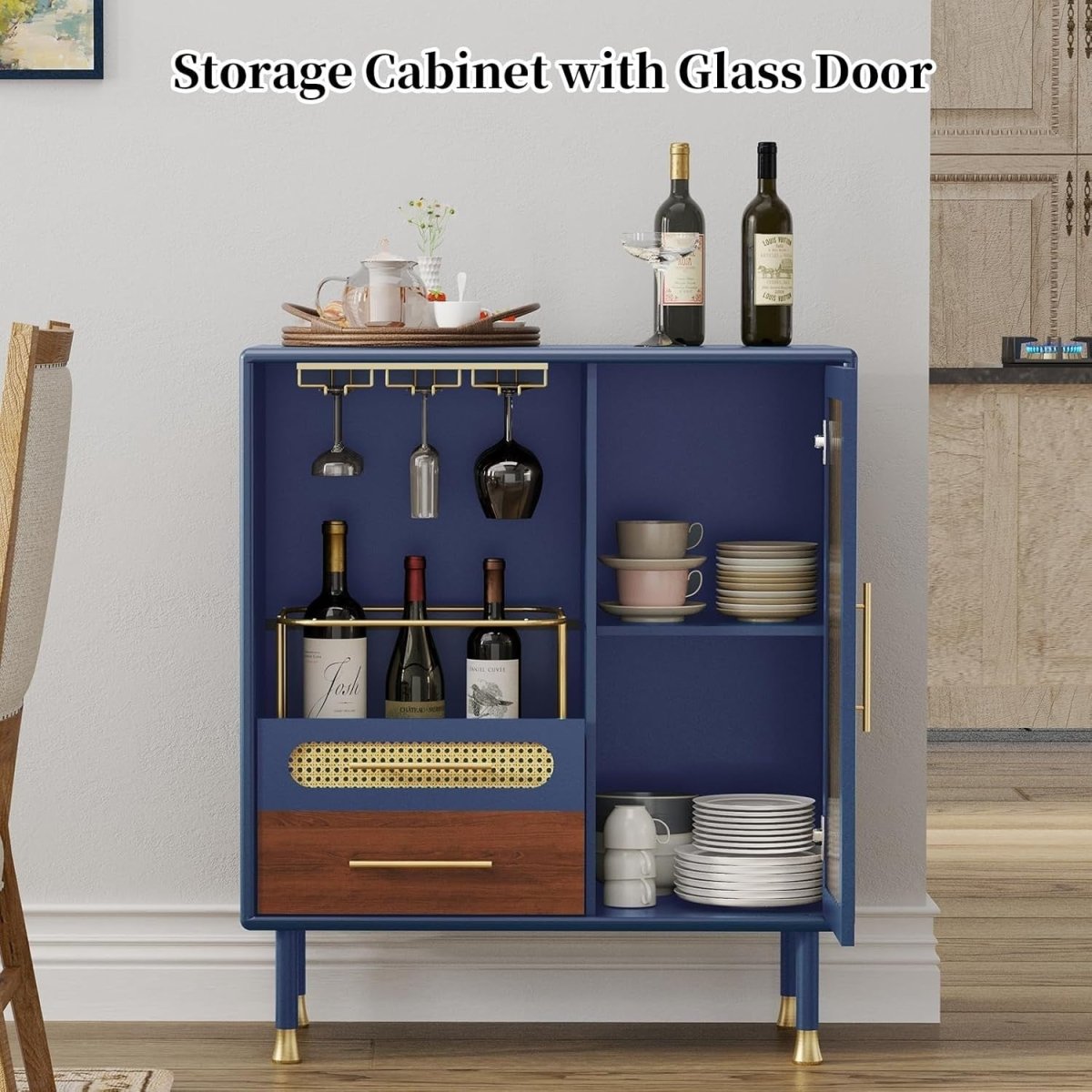 Blue Drinks Cabinet with Wine Glass Rack & Drawers – Modern Home Bar Sideboard - Kwikley