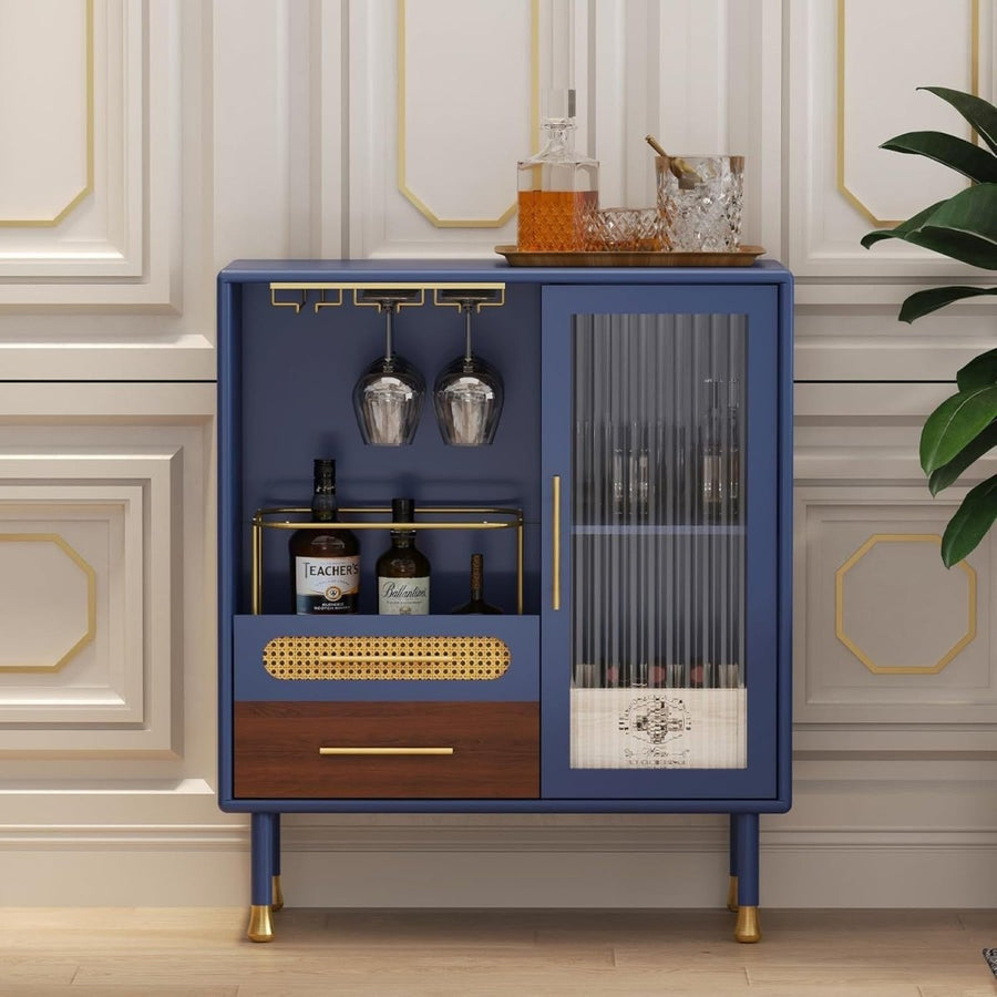 Blue Drinks Cabinet with Wine Glass Rack & Drawers – Modern Home Bar Sideboard - Kwikley