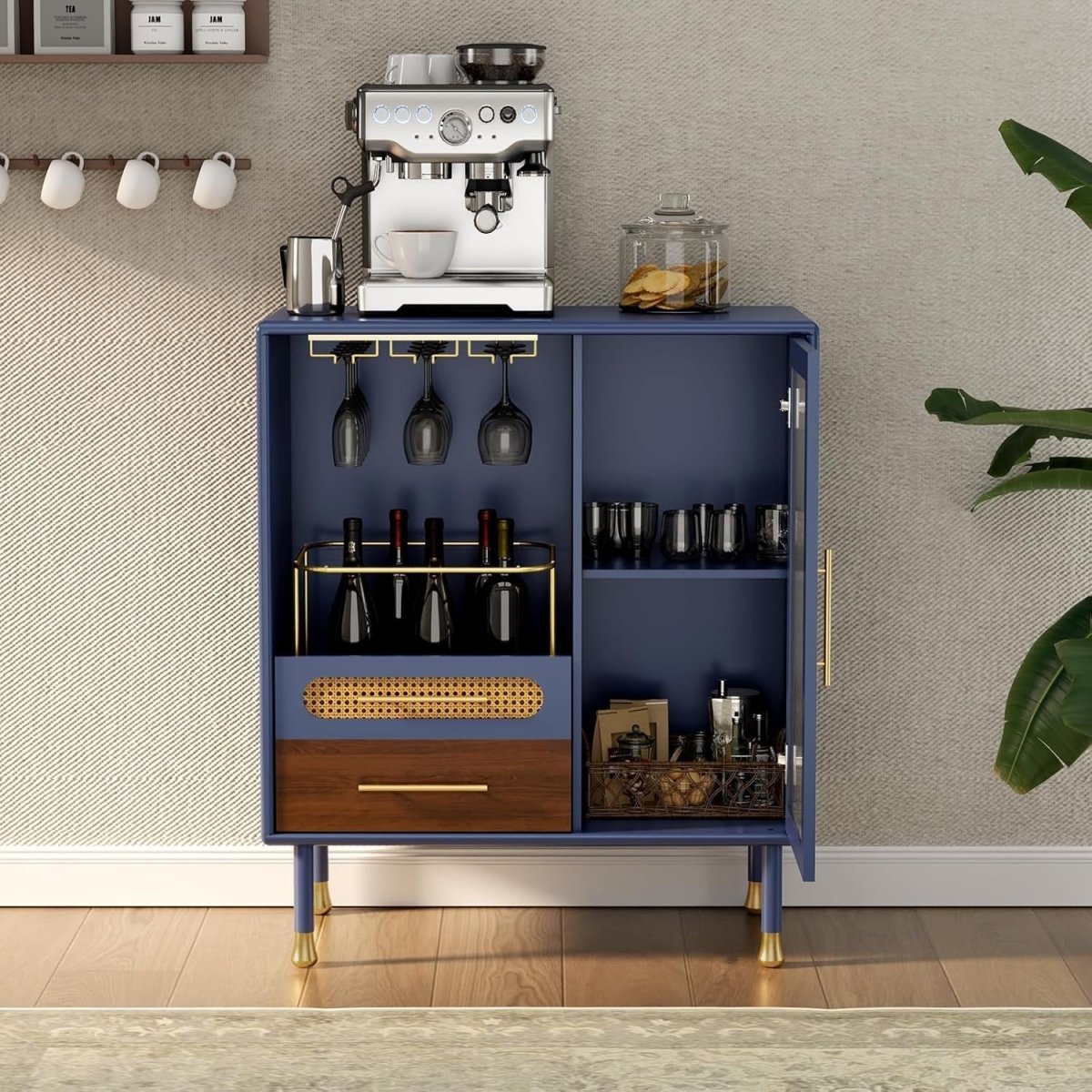 Blue Drinks Cabinet with Wine Glass Rack & Drawers – Modern Home Bar Sideboard - Kwikley