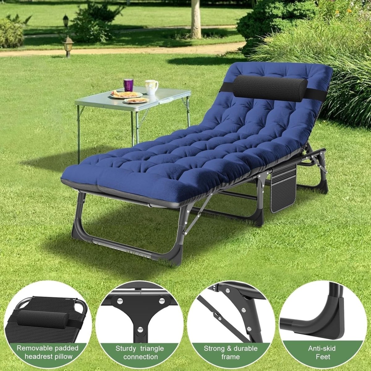 Blue Folding Recliner Lounger Bed 200kg Garden Chair Guest Pool Camping - Kwikley