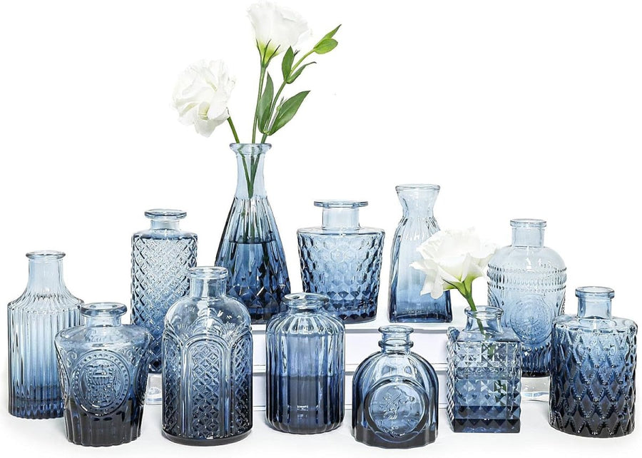 Blue Glass Bud Vases Set 12 Vintage Mini Flower Vases Wedding Table Decor - Kwikley