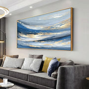 Blue Gold Abstract Canvas Wall Art – Large Framed Painting 24x48in - Kwikley