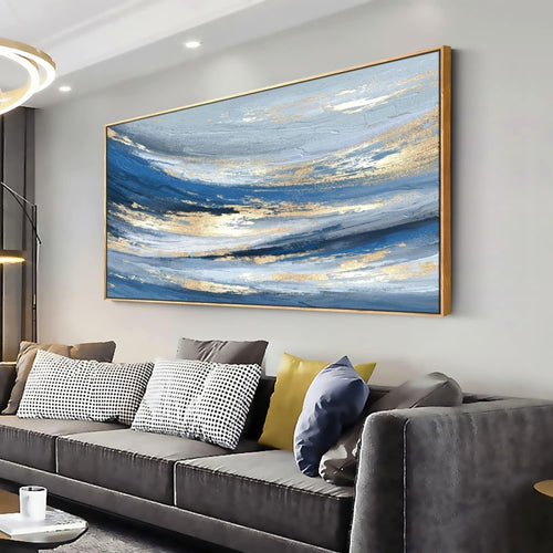 Blue Gold Abstract Canvas Wall Art – Large Framed Painting 24x48in - Kwikley