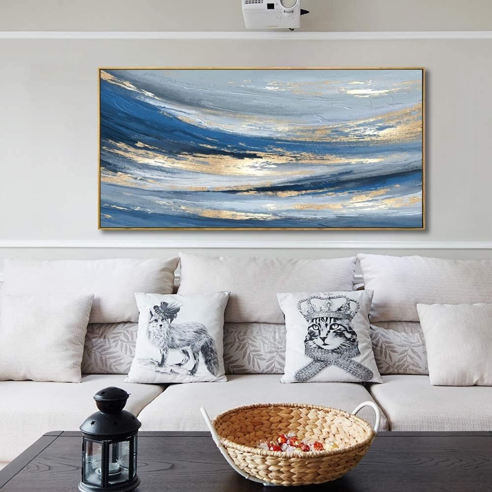Blue Gold Abstract Canvas Wall Art – Large Framed Painting 24x48in - Kwikley