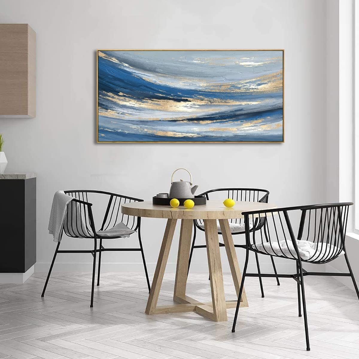 Blue Gold Abstract Canvas Wall Art – Large Framed Painting 24x48in - Kwikley