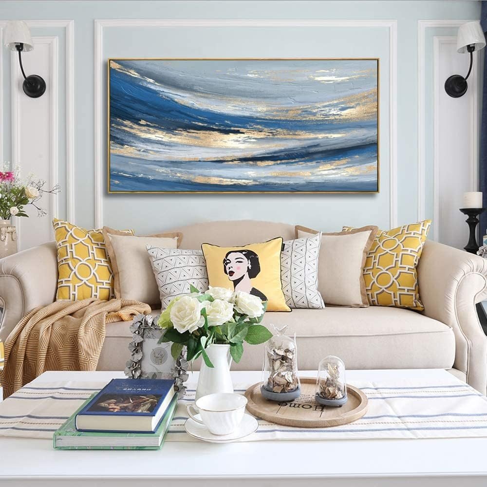 Blue Gold Abstract Canvas Wall Art – Large Framed Painting 24x48in - Kwikley