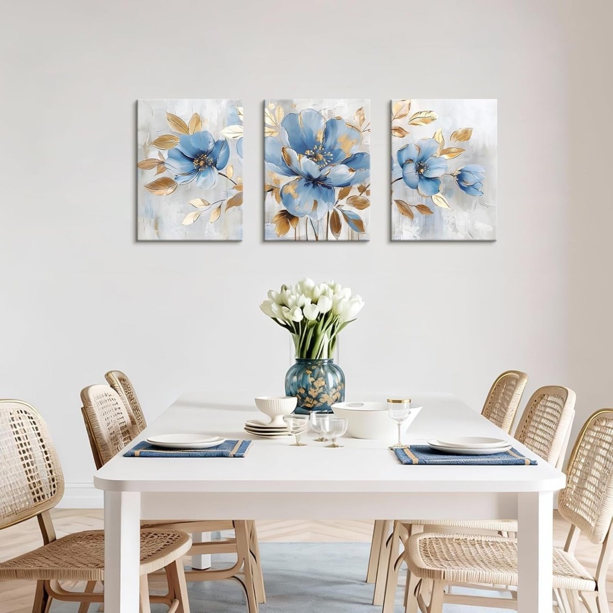 Blue Gold Floral Canvas Wall Art Set 3 Framed 30x40cm - Kwikley