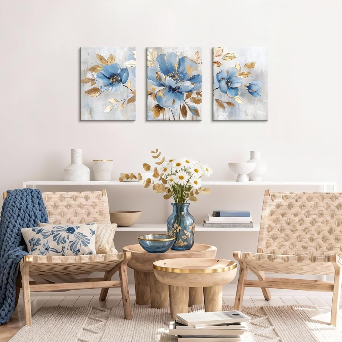 Blue Gold Floral Canvas Wall Art Set 3 Framed 30x40cm - Kwikley