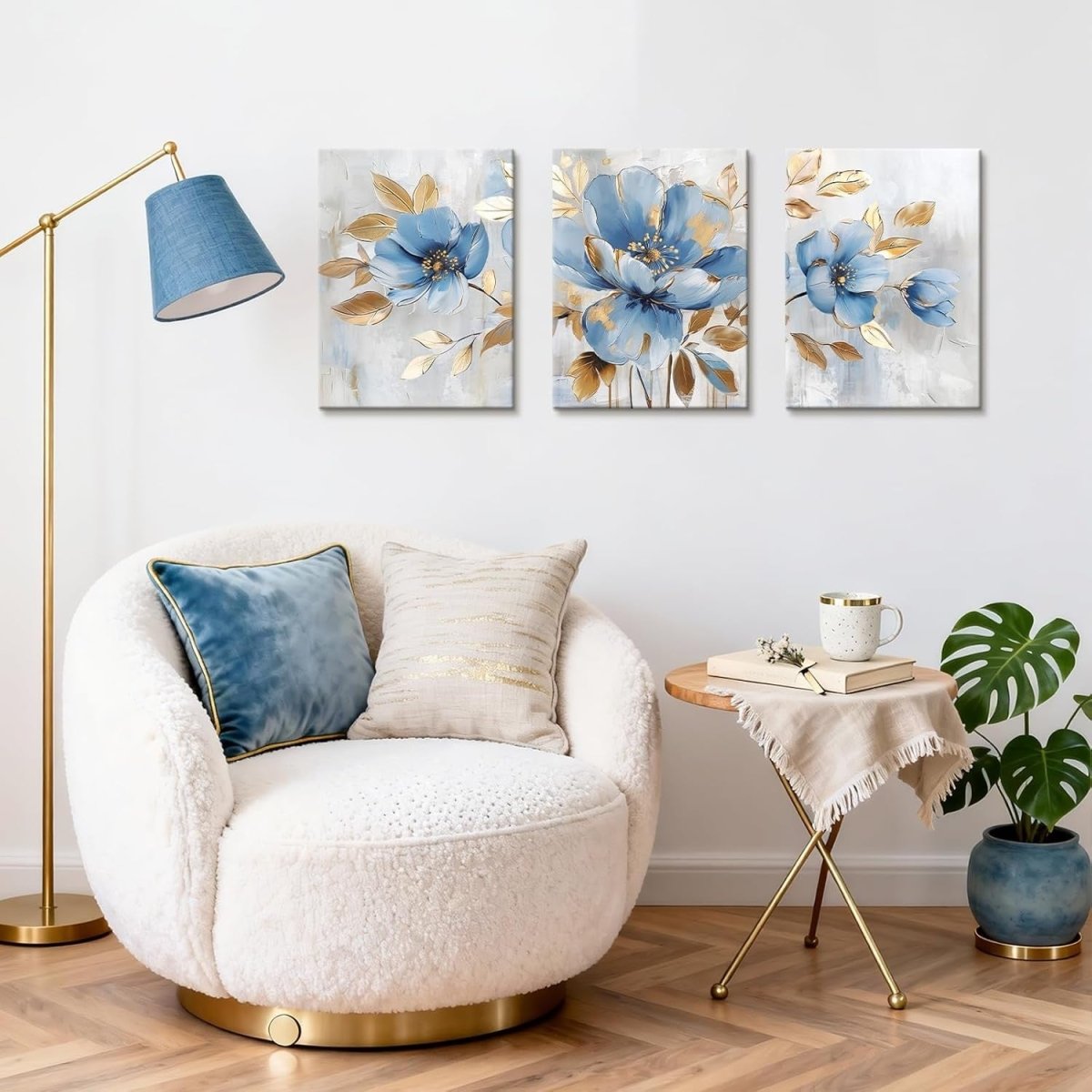 Blue Gold Floral Canvas Wall Art Set 3 Framed 30x40cm - Kwikley