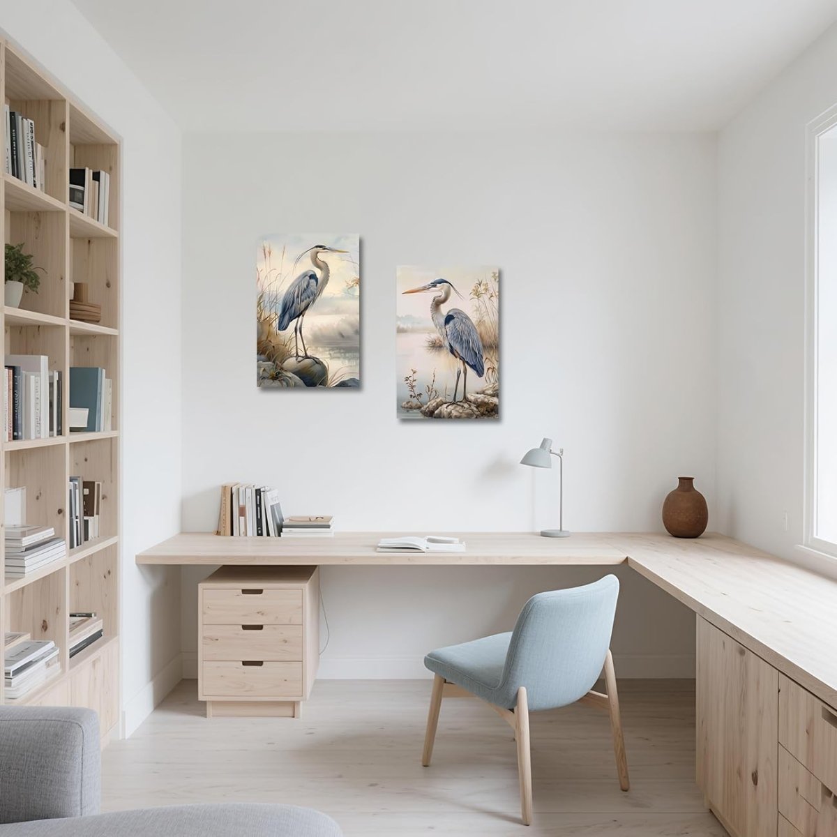 Blue Heron Canvas Wall Art Set of 2 Coastal Bird Framed Prints - Kwikley