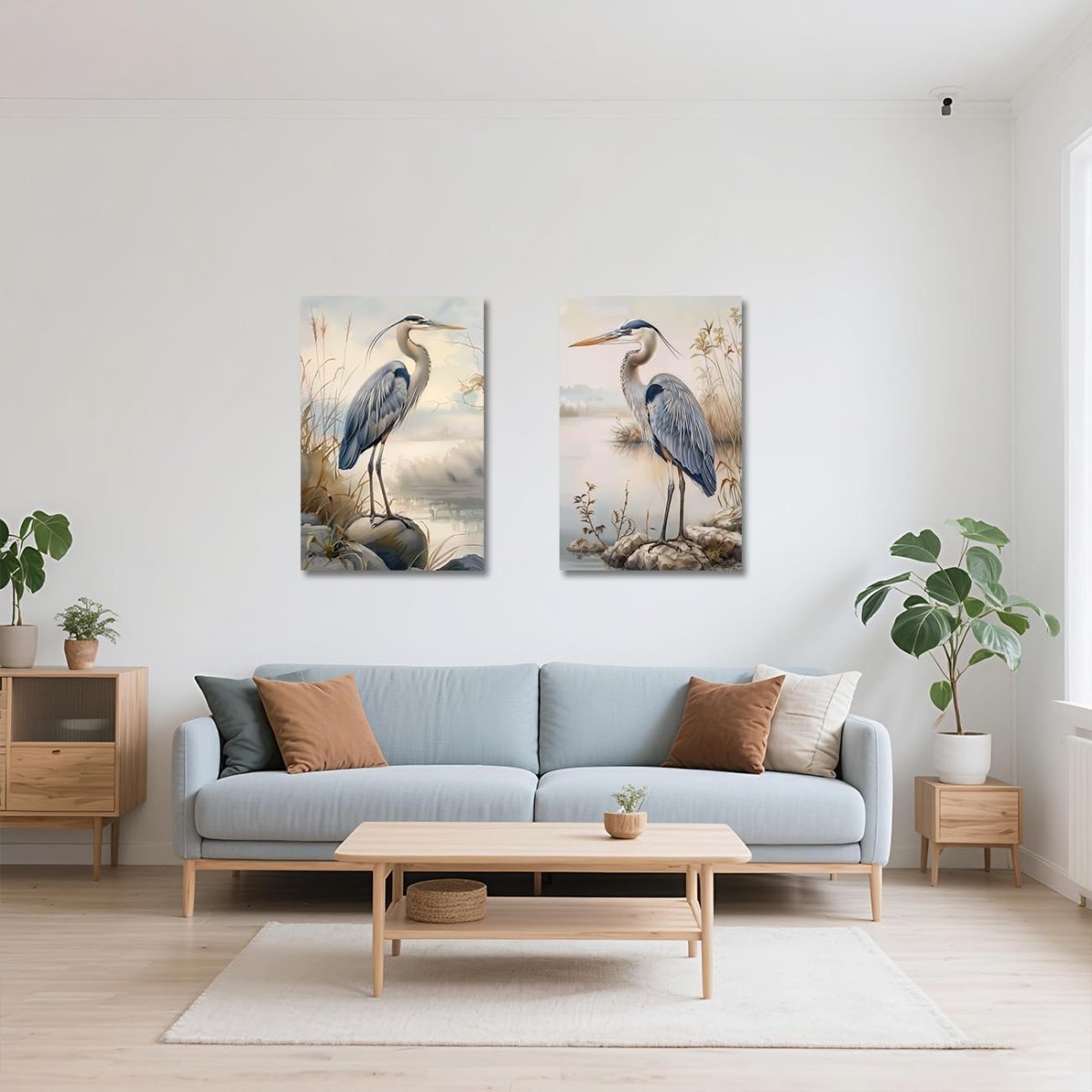 Blue Heron Canvas Wall Art Set of 2 Coastal Bird Framed Prints - Kwikley