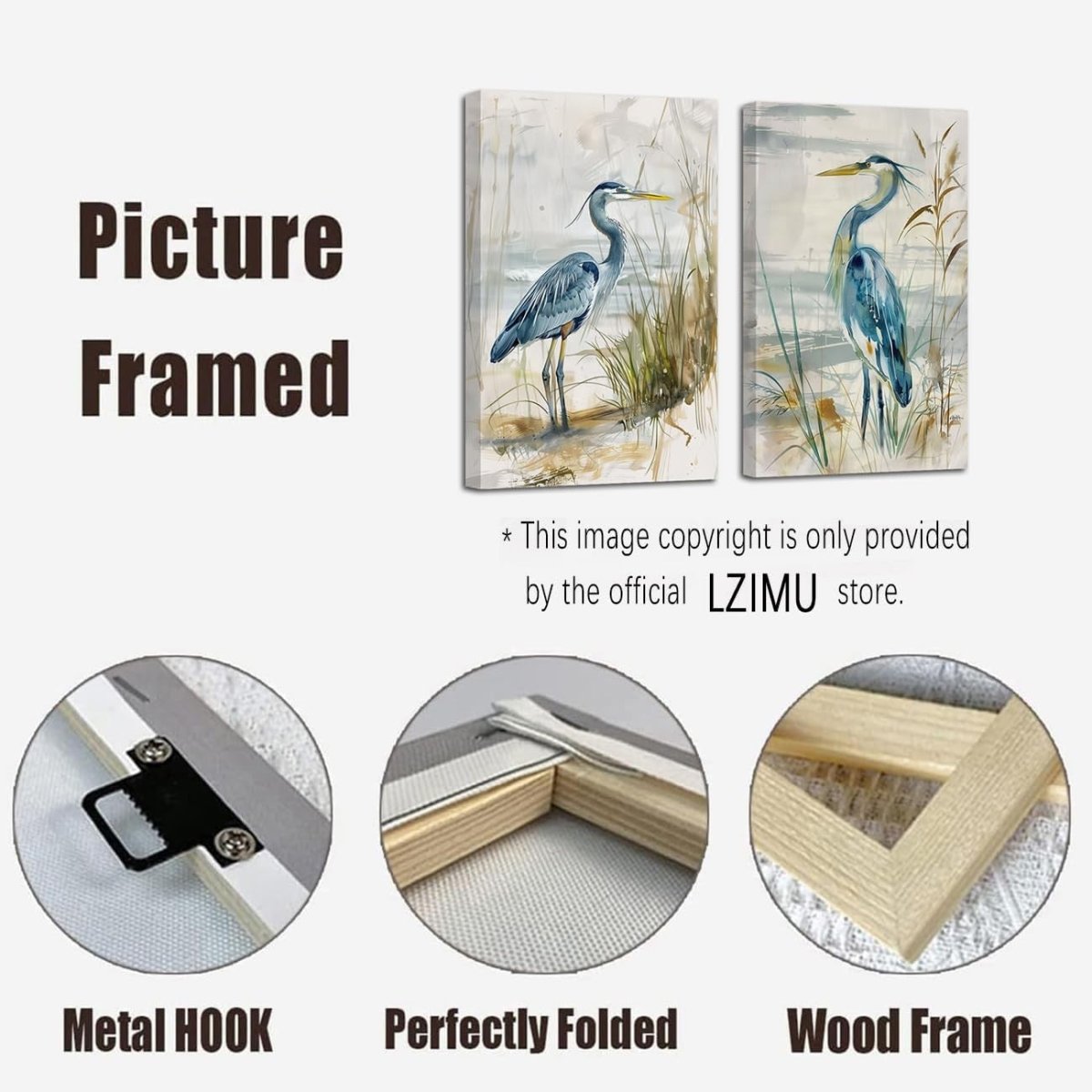 Blue Heron Canvas Wall Art Set of 2 Coastal Bird Framed Prints - Kwikley