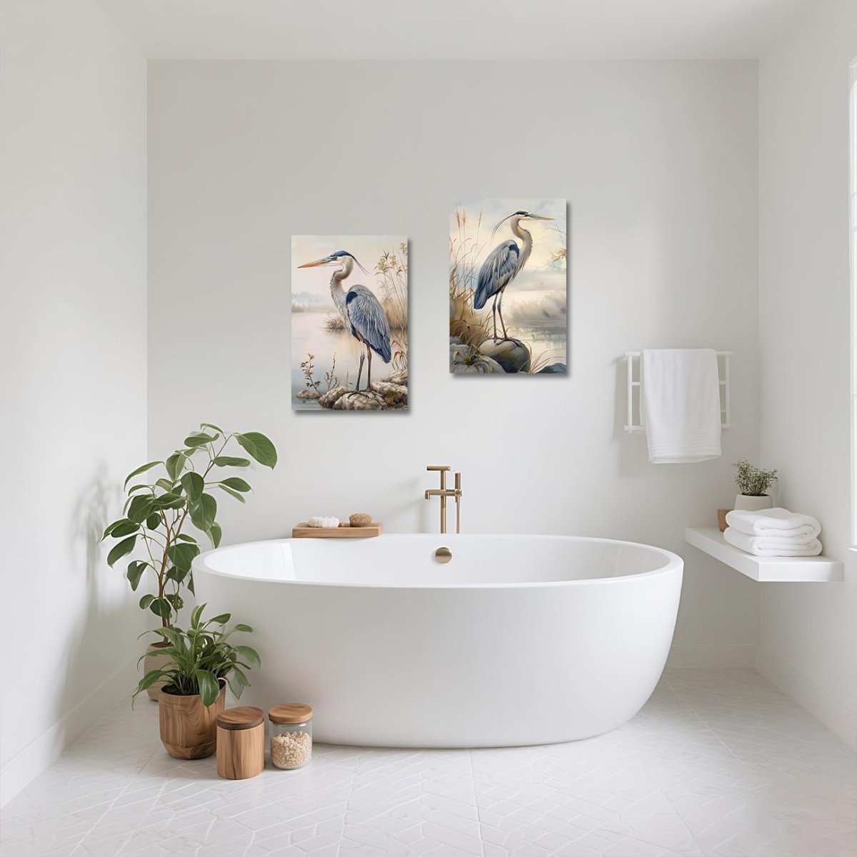 Blue Heron Canvas Wall Art Set of 2 Coastal Bird Framed Prints - Kwikley