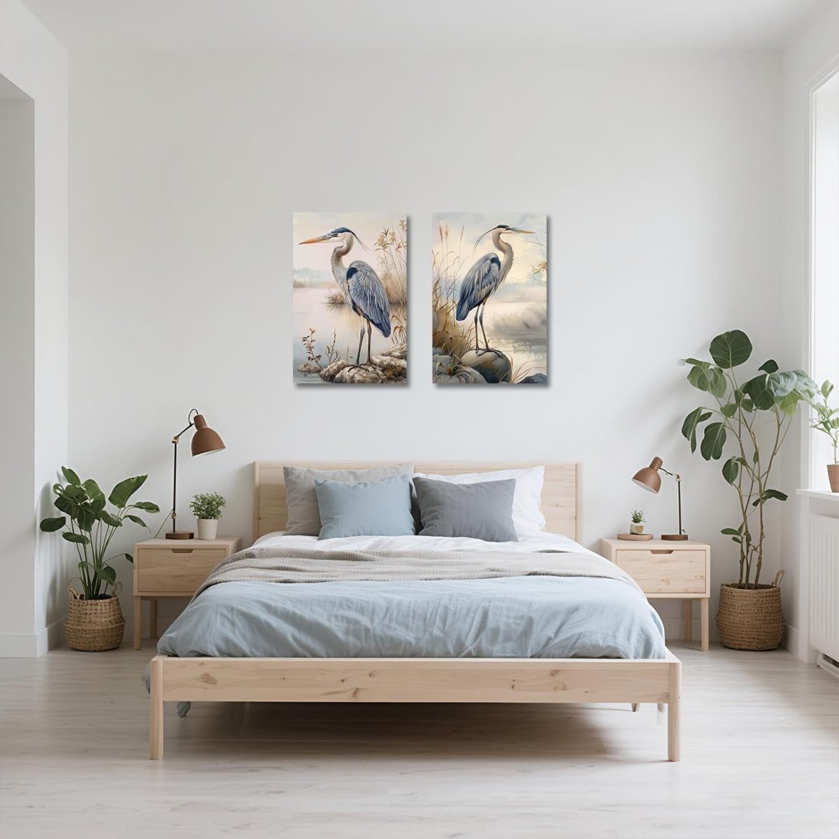 Blue Heron Canvas Wall Art Set of 2 Coastal Bird Framed Prints - Kwikley