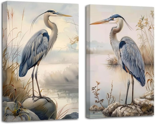 Blue Heron Canvas Wall Art Set of 2 Coastal Bird Framed Prints - Kwikley
