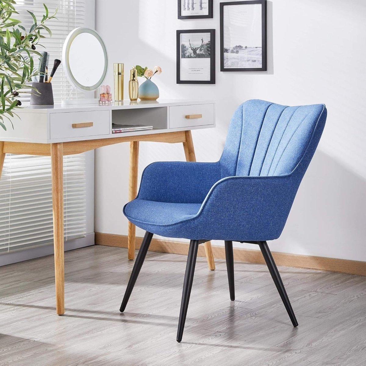 Blue Linen Accent Chair with High Back for Lounge, Vanity or Office - Kwikley