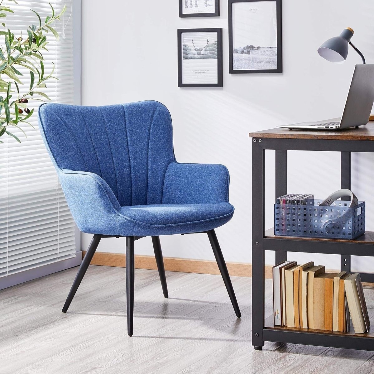 Blue Linen Accent Chair with High Back for Lounge, Vanity or Office - Kwikley