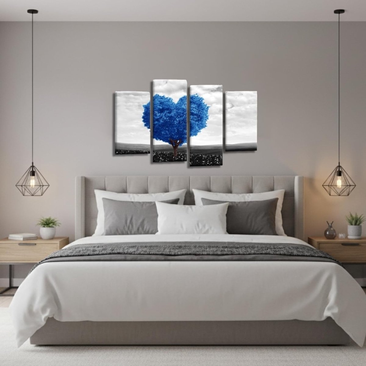 Blue Love Heart Tree Canvas Wall Art 4 Panel 44x27in - Kwikley