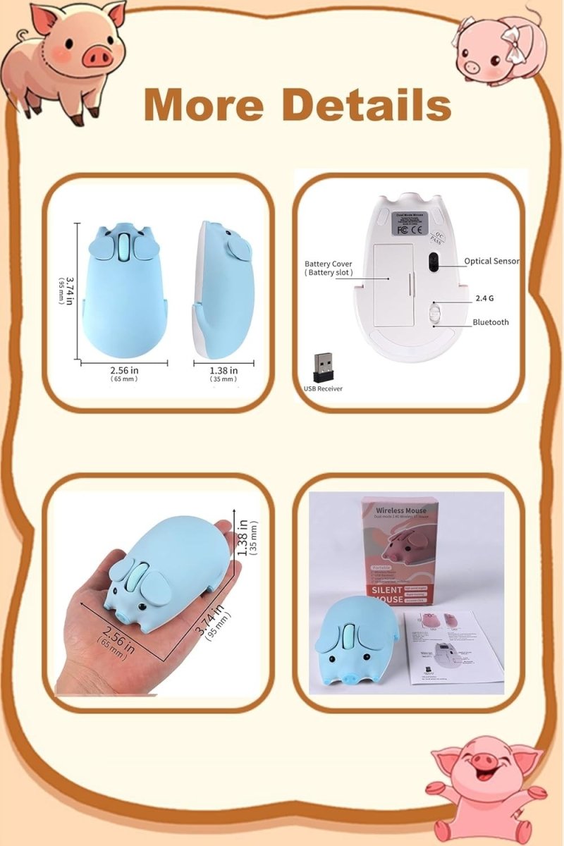 Blue Pig Wireless Mouse Bluetooth 5.1 2.4G Silent 1200DPI - Kwikley