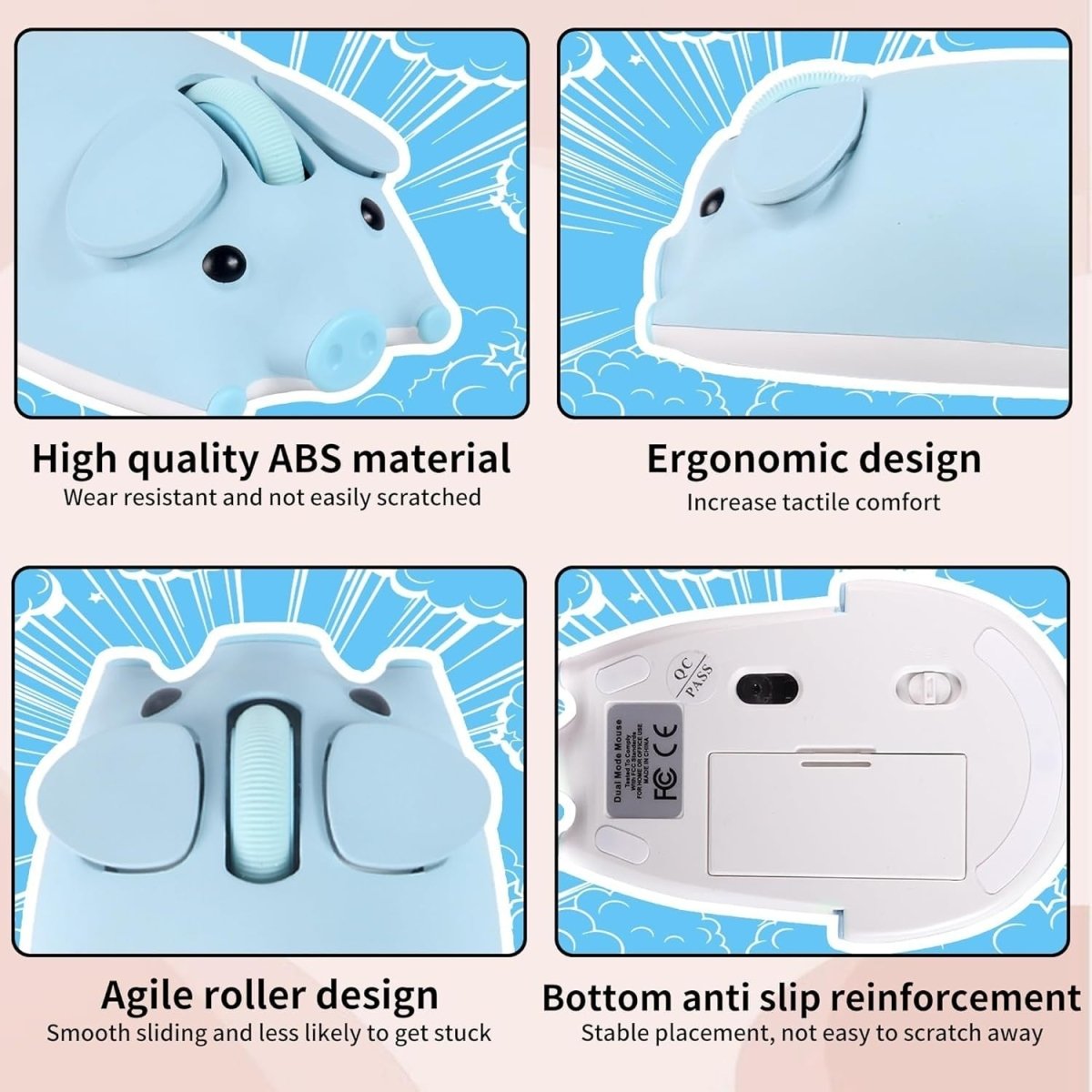 Blue Pig Wireless Mouse Bluetooth 5.1 2.4G Silent 1200DPI - Kwikley