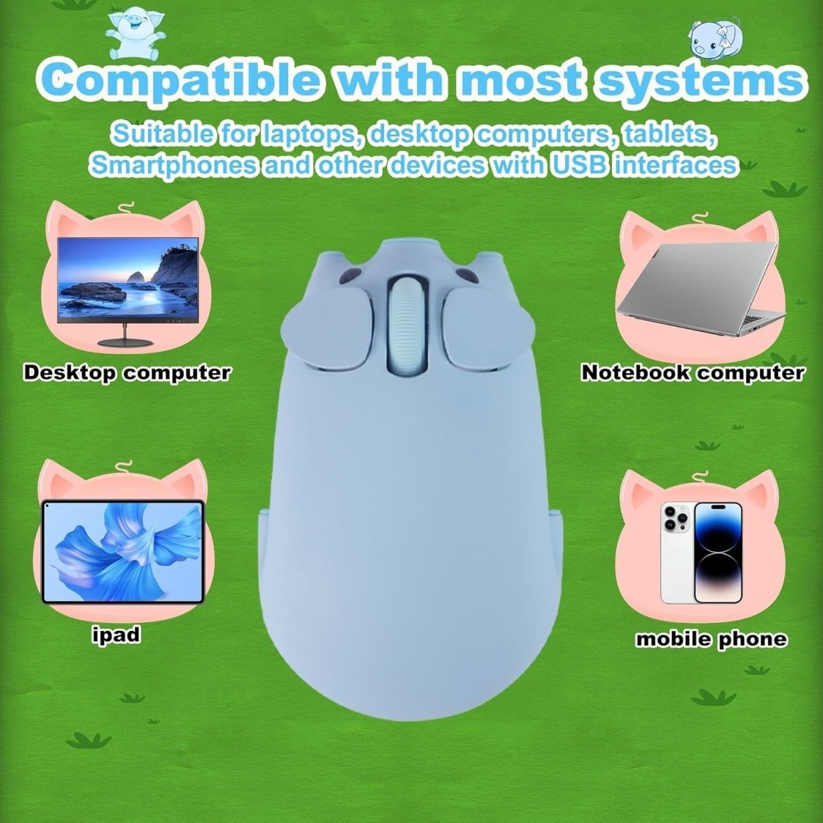 Blue Pig Wireless Mouse Bluetooth 5.1 2.4G Silent 1200DPI - Kwikley