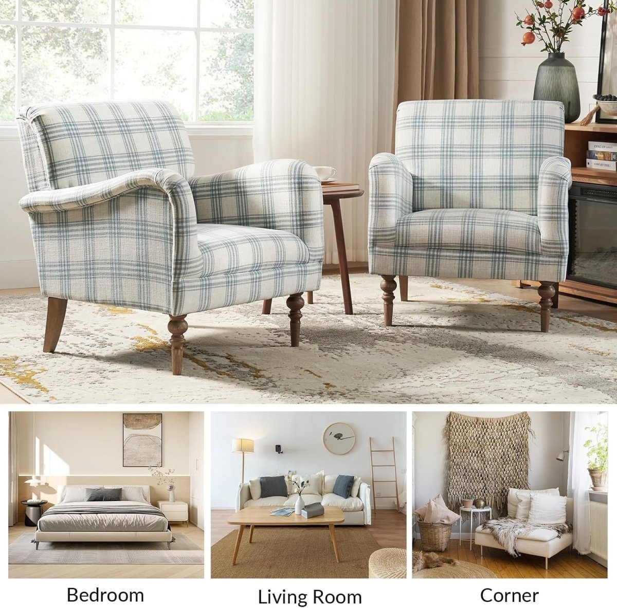 Blue Plaid Accent Chair Comfy Armchair Upholstered Seat Wood Legs Lounge - Kwikley