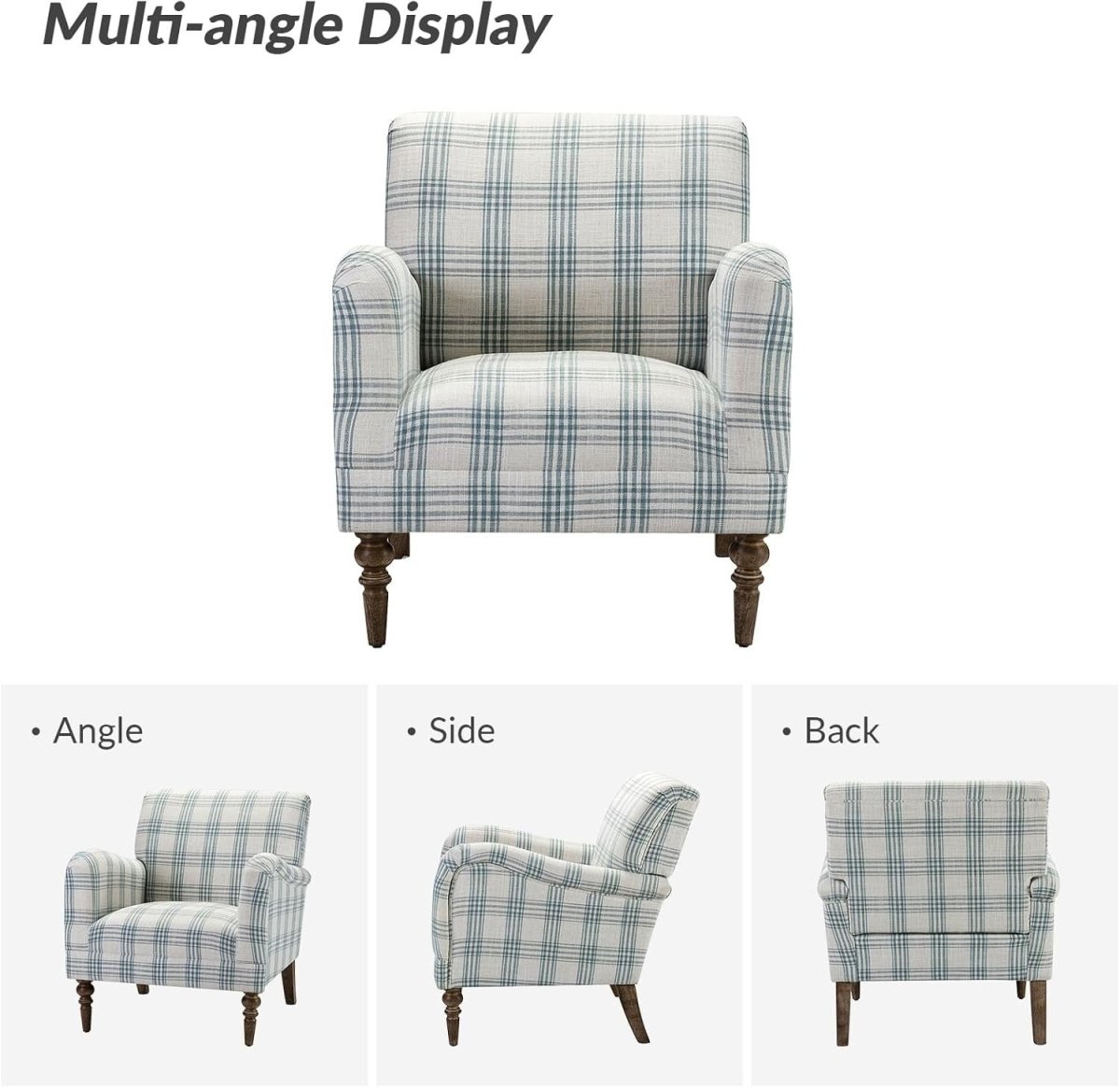 Blue Plaid Accent Chair Comfy Armchair Upholstered Seat Wood Legs Lounge - Kwikley