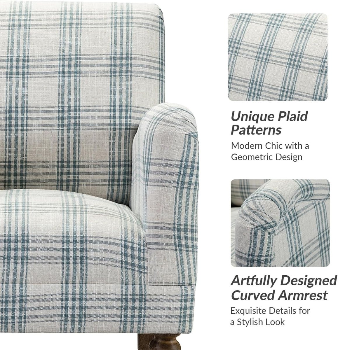 Blue Plaid Accent Chair Comfy Armchair Upholstered Seat Wood Legs Lounge - Kwikley