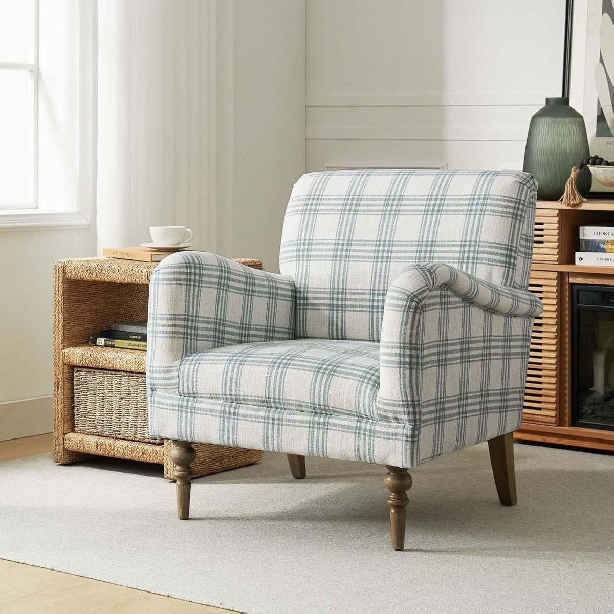 Blue Plaid Accent Chair Comfy Armchair Upholstered Seat Wood Legs Lounge - Kwikley
