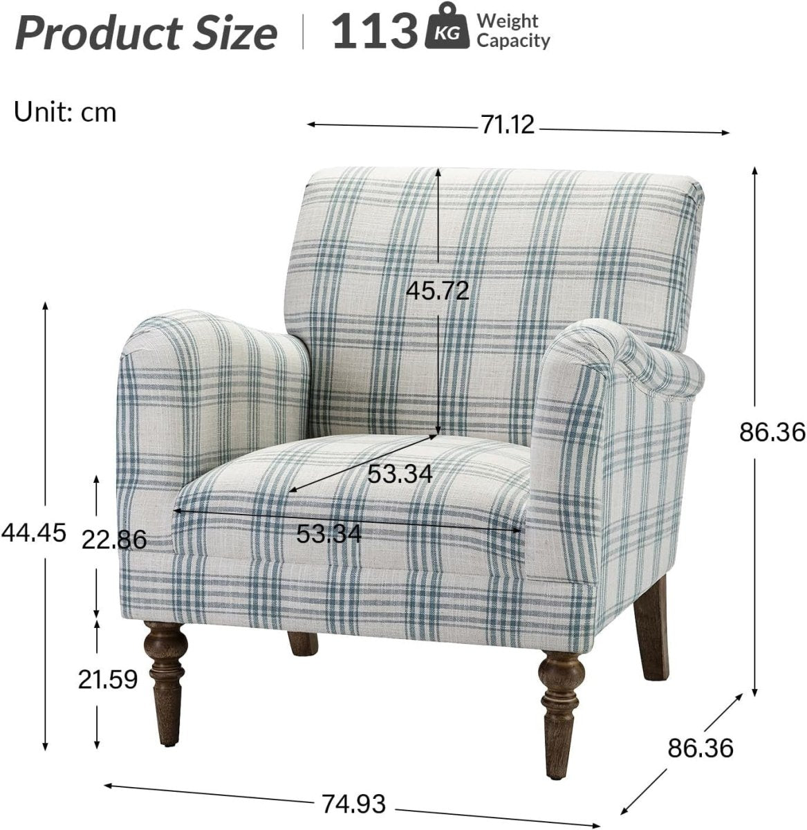 Blue Plaid Accent Chair Comfy Armchair Upholstered Seat Wood Legs Lounge - Kwikley