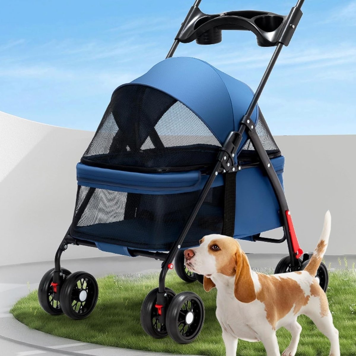 Blue Portable Pet Travel Stroller Foldable Pushchair for Small Dogs Cats - Kwikley