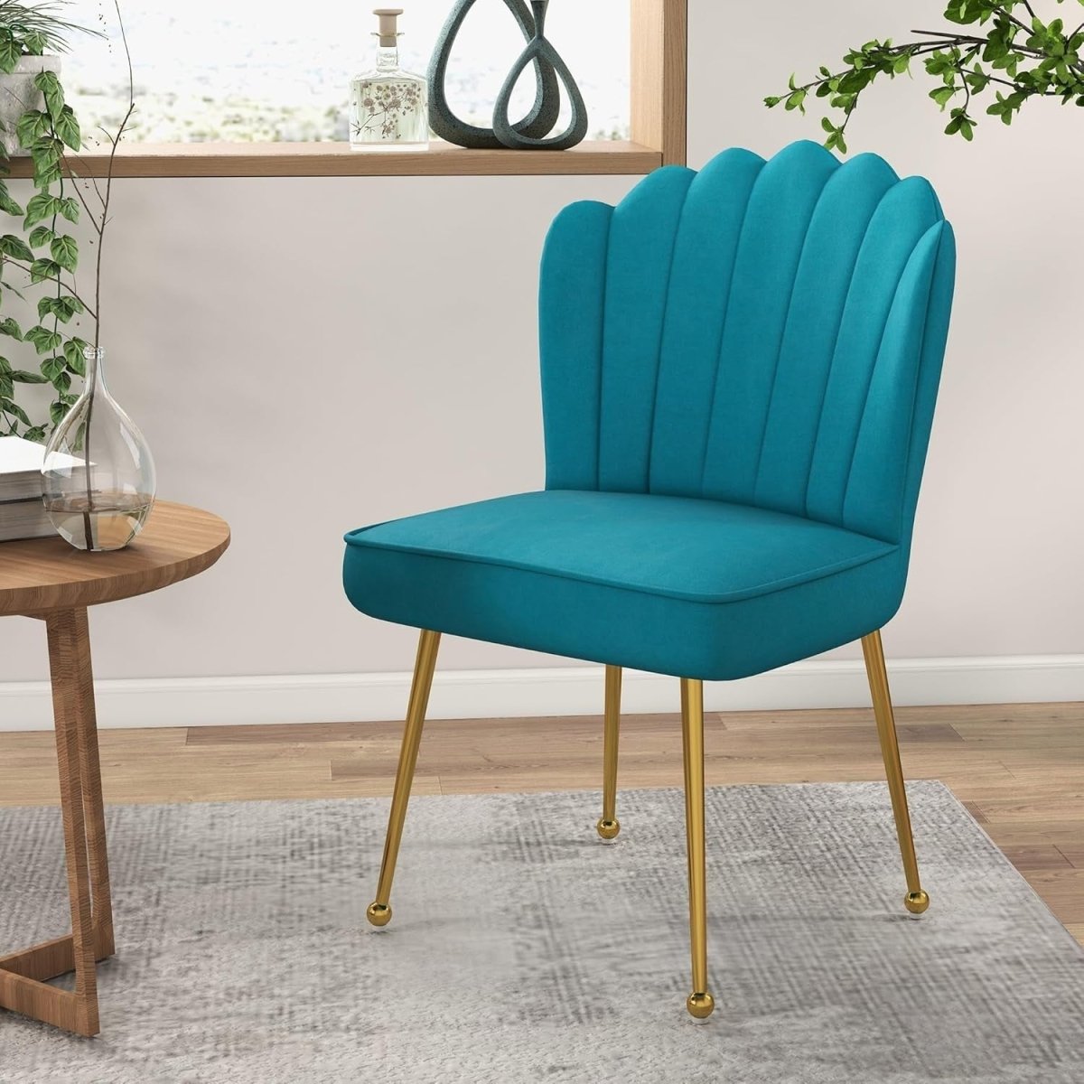 Blue Shell Velvet Accent Chair Gold Metal Legs Modern Vanity Lounge Seat - Kwikley