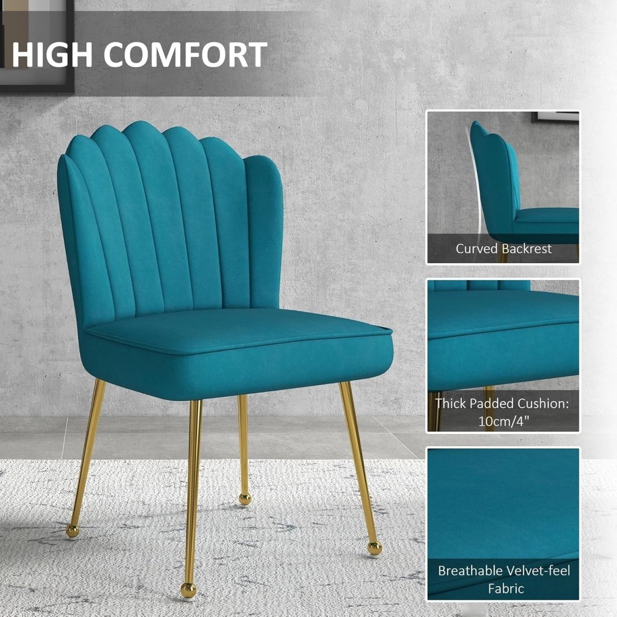 Blue Shell Velvet Accent Chair Gold Metal Legs Modern Vanity Lounge Seat - Kwikley