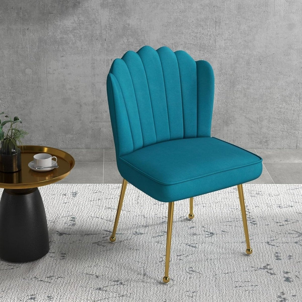 Blue Shell Velvet Accent Chair Gold Metal Legs Modern Vanity Lounge Seat - Kwikley