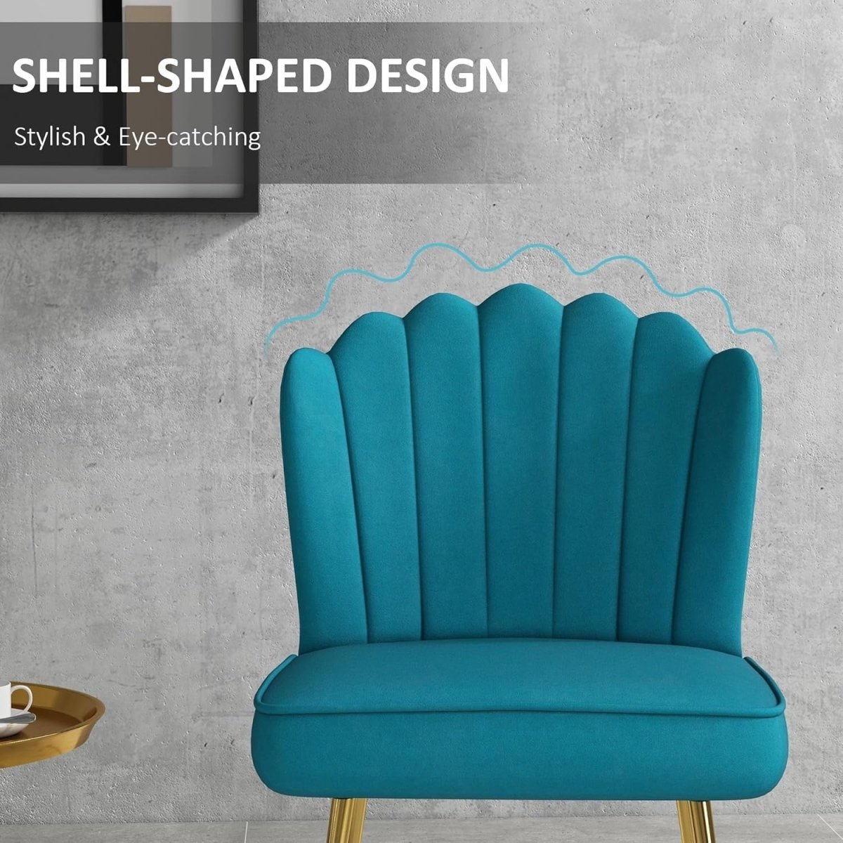 Blue Shell Velvet Accent Chair Gold Metal Legs Modern Vanity Lounge Seat - Kwikley
