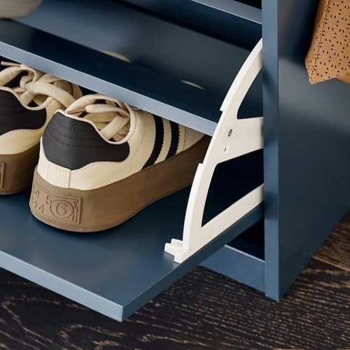 Blue Shoe Storage Bench with Cushion & Flip Drawer – Slim Hallway Cabinet - Kwikley