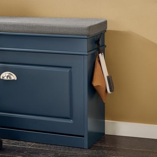Blue Shoe Storage Bench with Cushion & Flip Drawer – Slim Hallway Cabinet - Kwikley