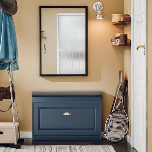 Blue Shoe Storage Bench with Cushion & Flip Drawer – Slim Hallway Cabinet - Kwikley